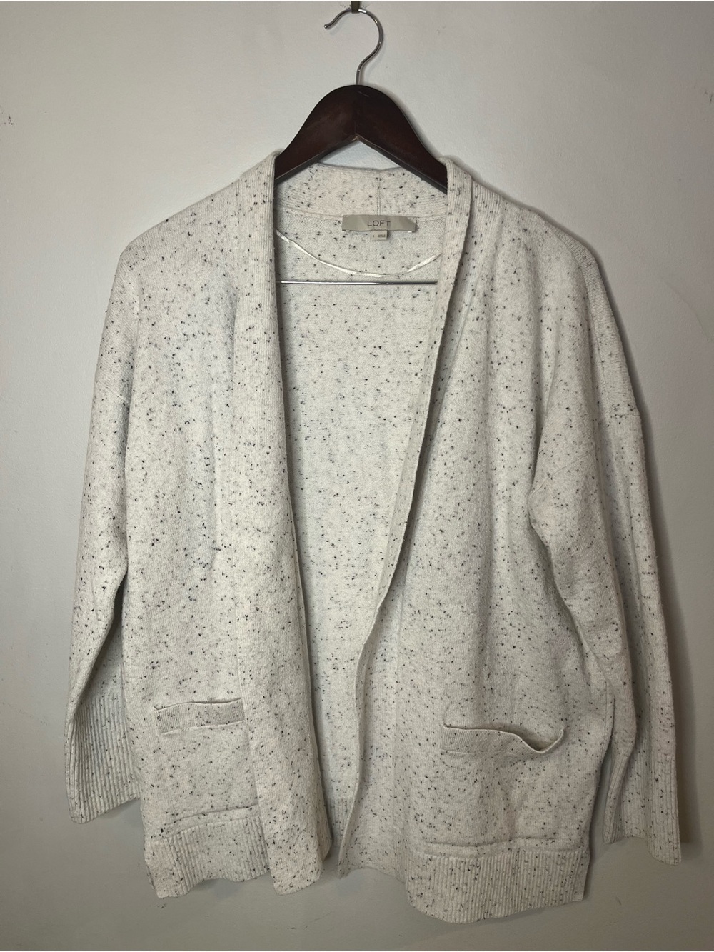 LOFT Cardigan Sweater Women’s Light Gray Marled Open Front Pockets